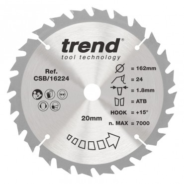 TREND CSB/16224 WOOD SAWBLADE 162X20X24TX1.8