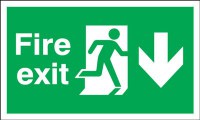 Fire Exit Sign Running Man Arrow Down 300 x 100mm BS12 Rigid Self Adhesive BS5499 7.92